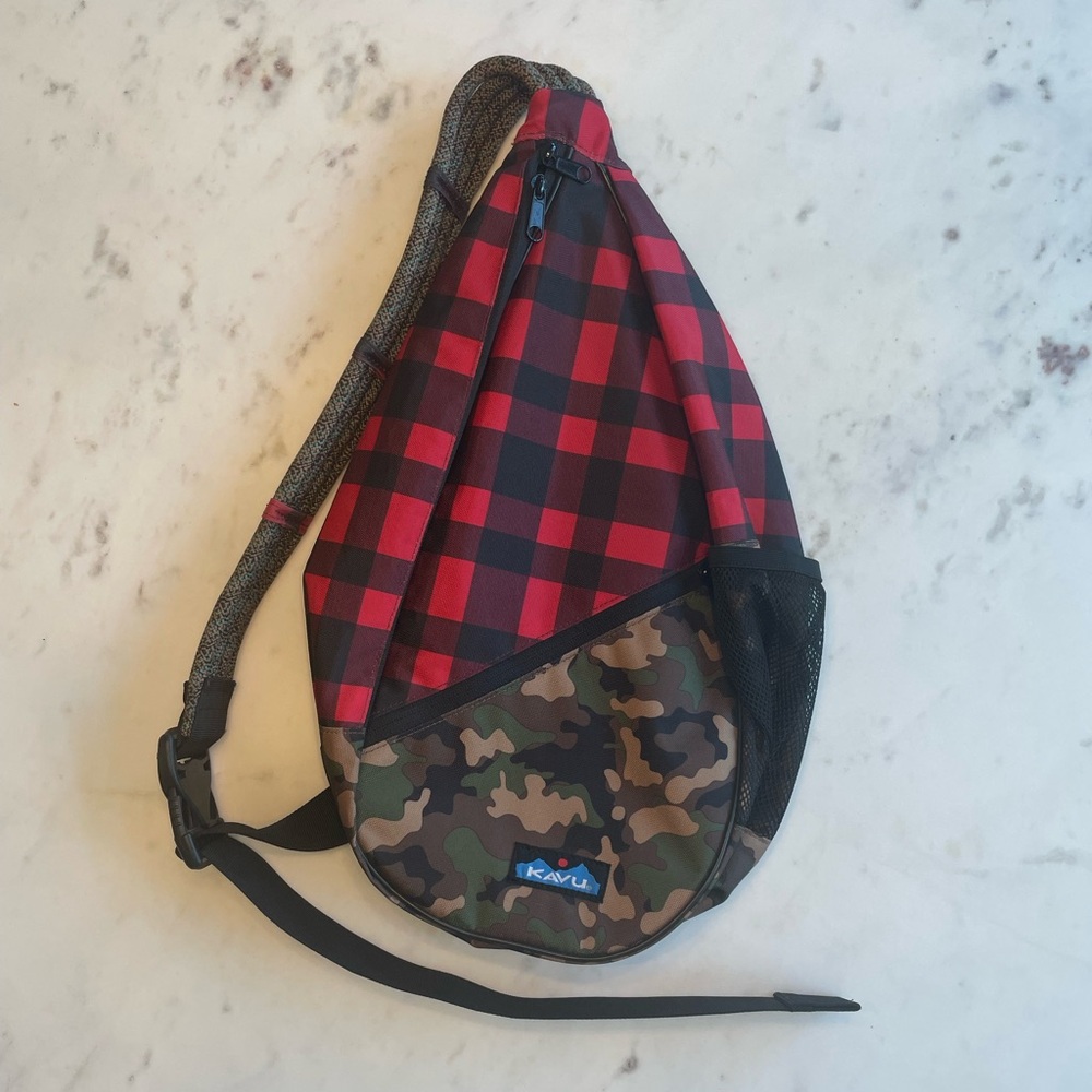 Kavu Sling Bag Crossbody Backpack, Buffalo Plaid and Camouflage